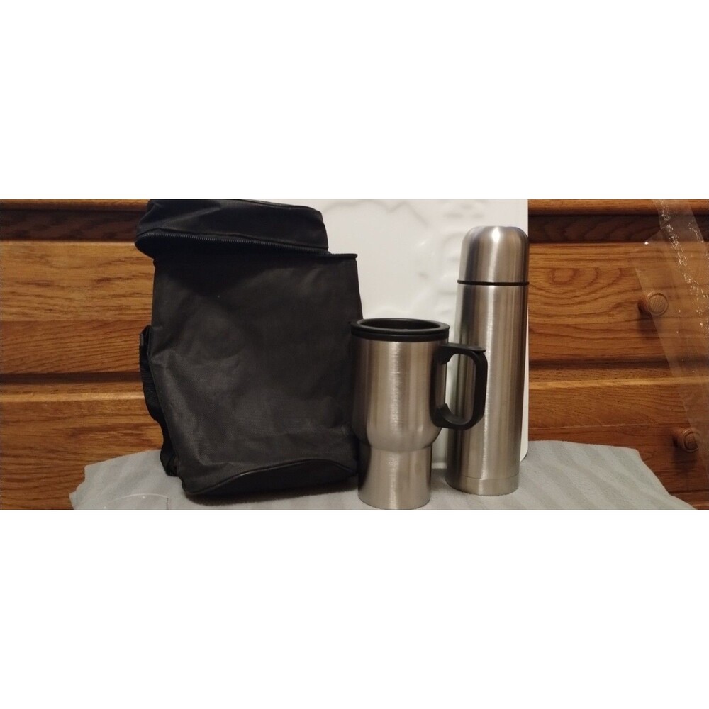 Stainless Steel 1L Vacuum Flask Thermos w/ Travel Mug & Black Carry Case